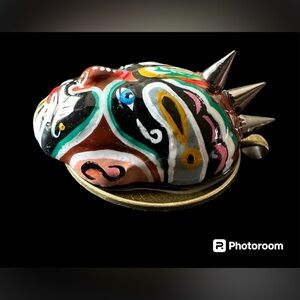 Vintage clay Chinese theatrical masks handpainted mounted resin brass pendant